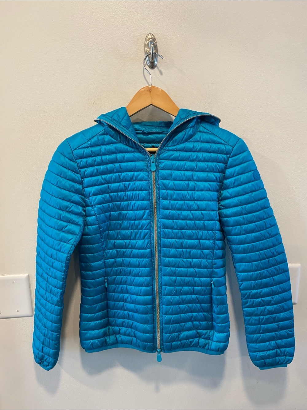 Save the Duck Women’s Hooded Animal Free Puffer Jacket size 0 Teal